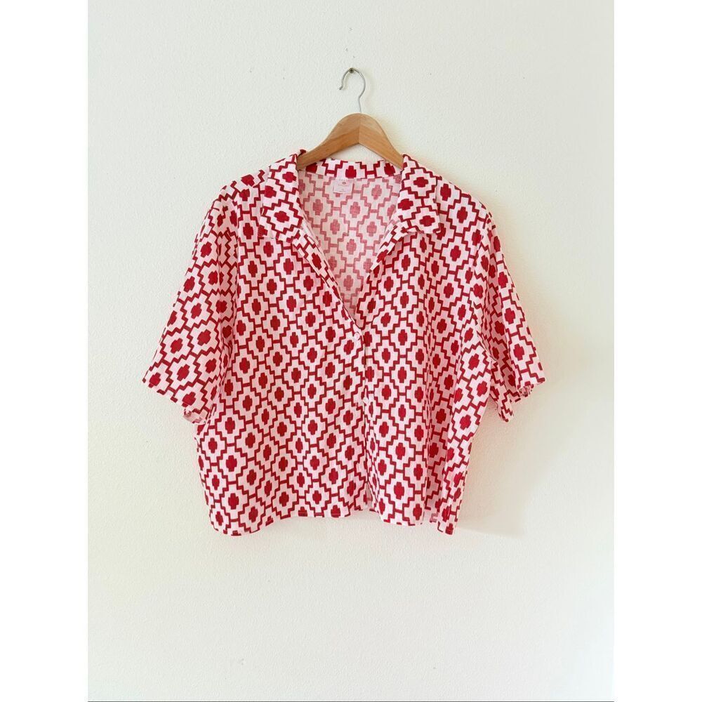 Shade & Shore Red Geo Print Cropped Button-Up Short Sleeve Linen Beach Top XL